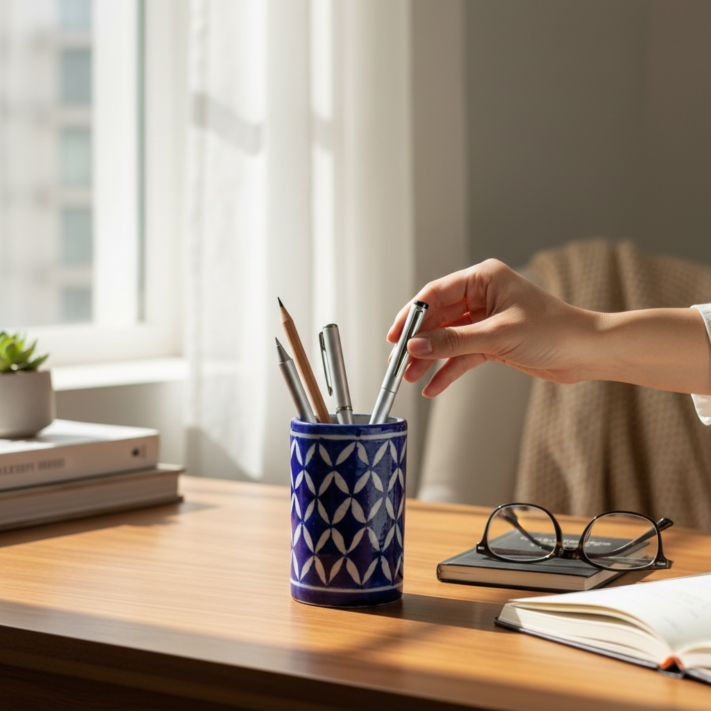 4-Inch Blue Pottery Pen Stand