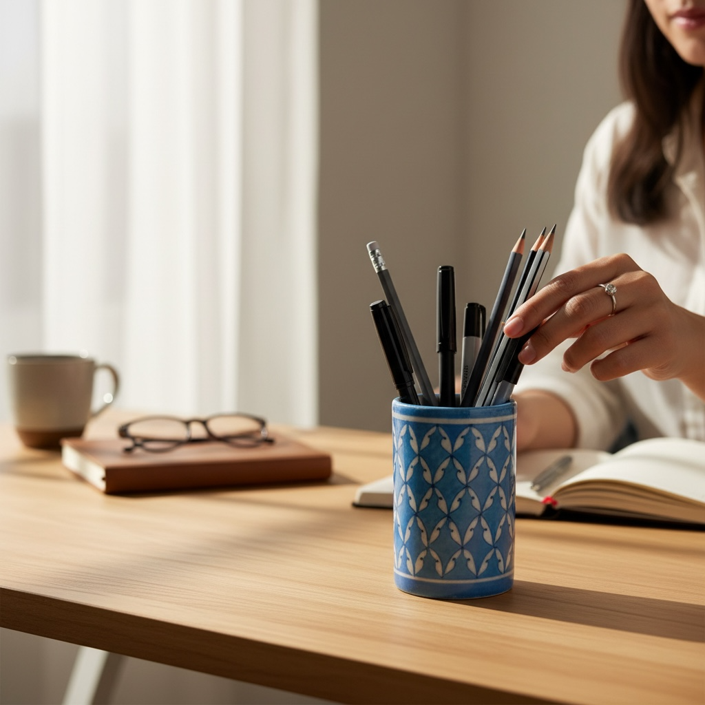 4-Inch Blue Pottery Pen Stand