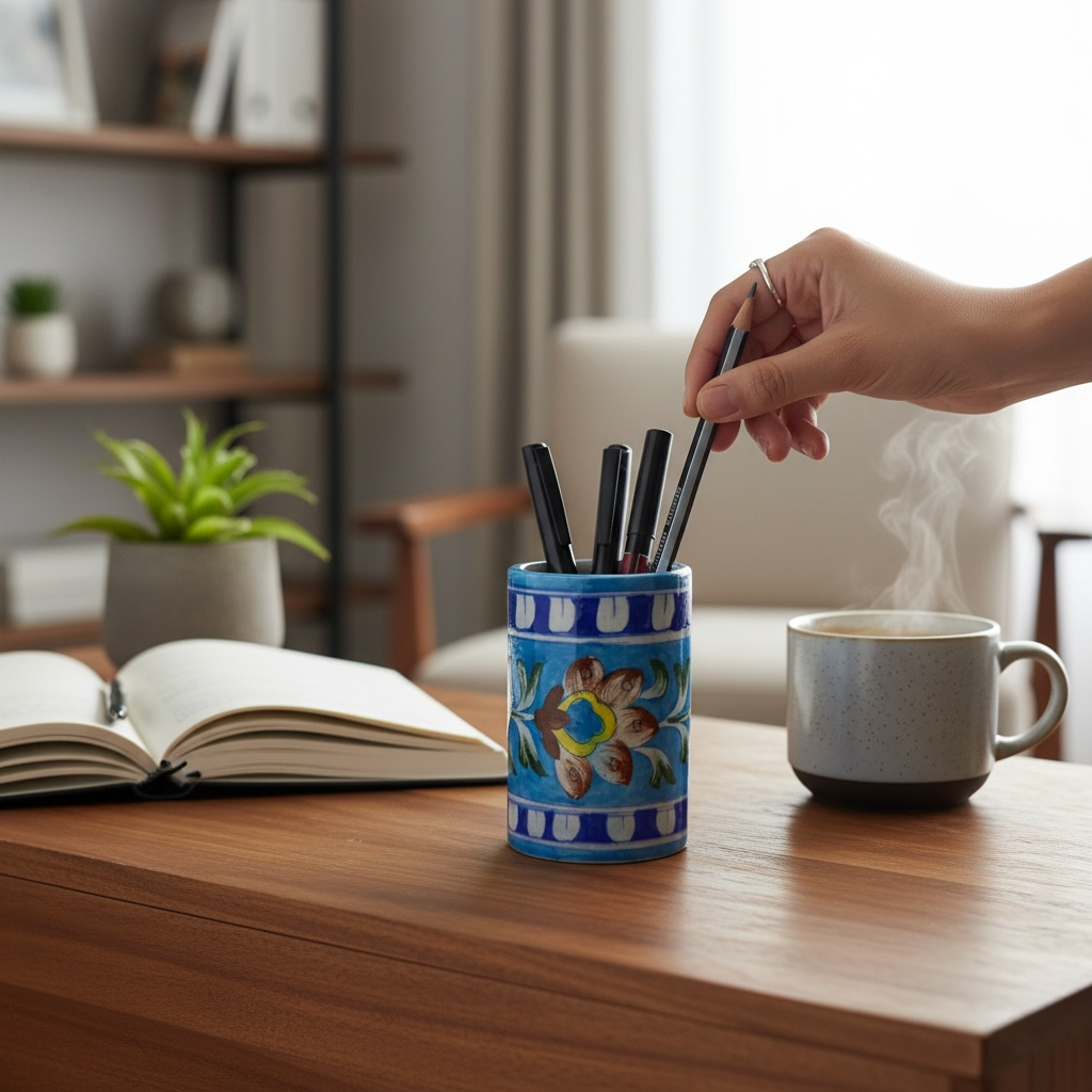 4-Inch Blue Pottery Pen Stand