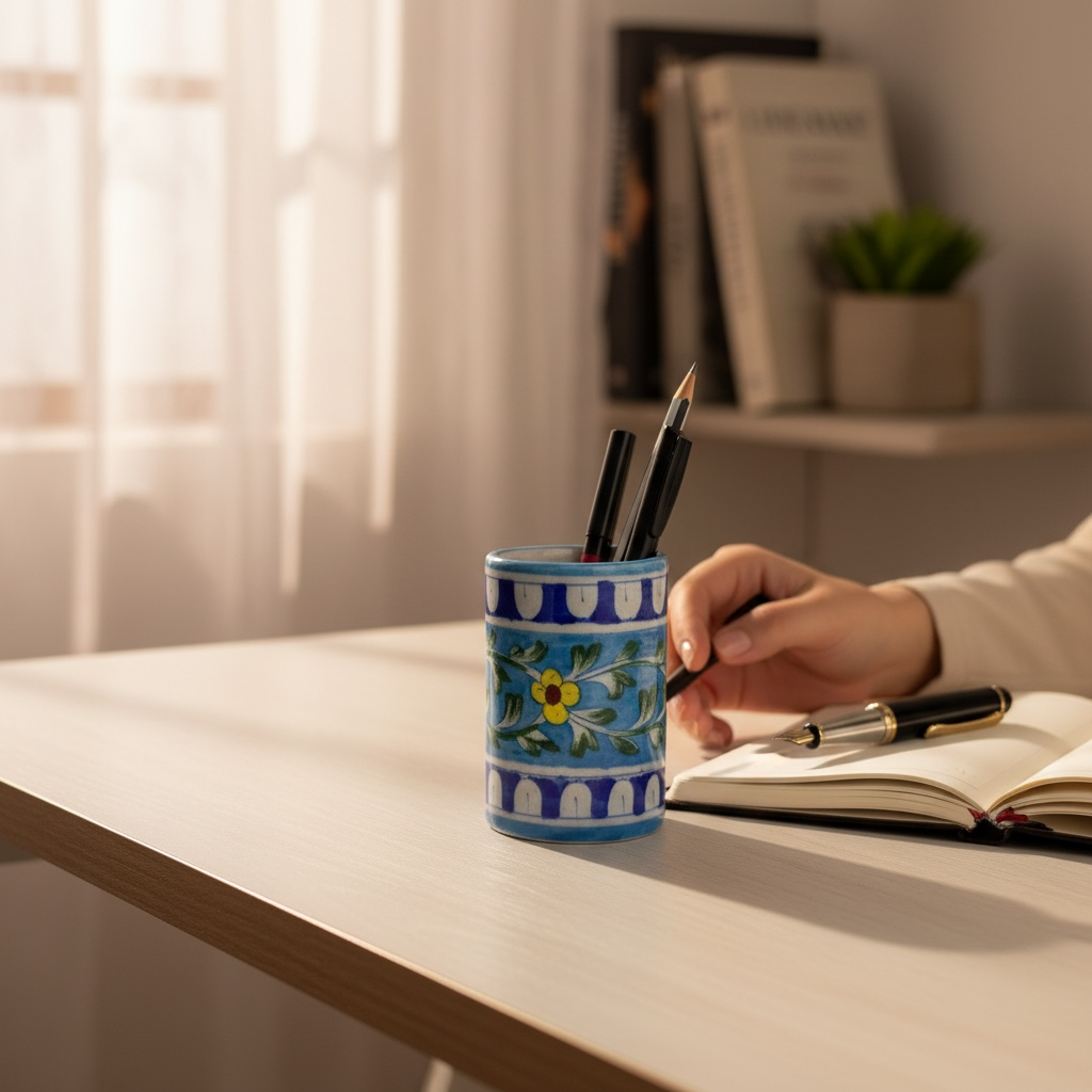 4-Inch Blue Pottery Pen Stand
