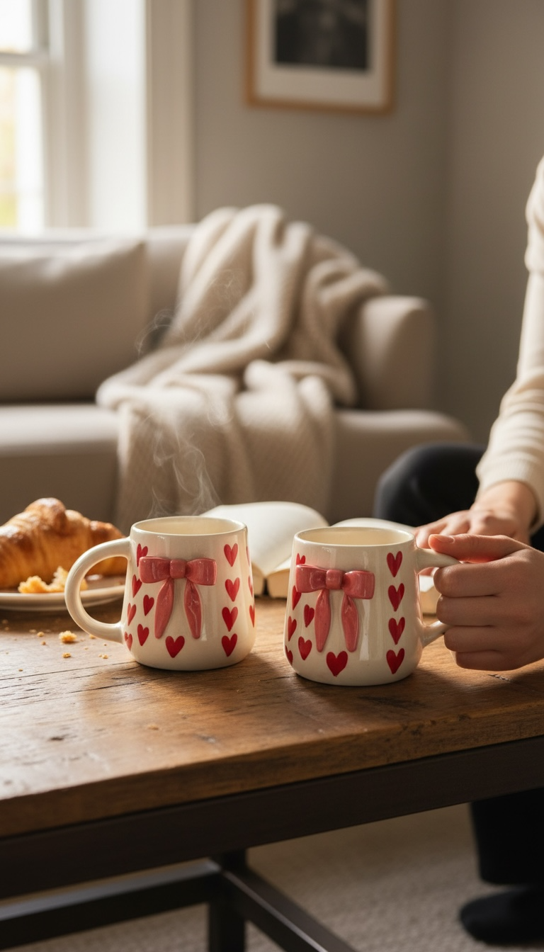 Blush Bow Mug Set of 2 , (Red Hearts)