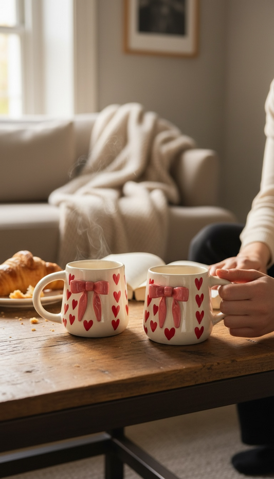Blush Bow Mug Set of 2 , (Red Hearts)