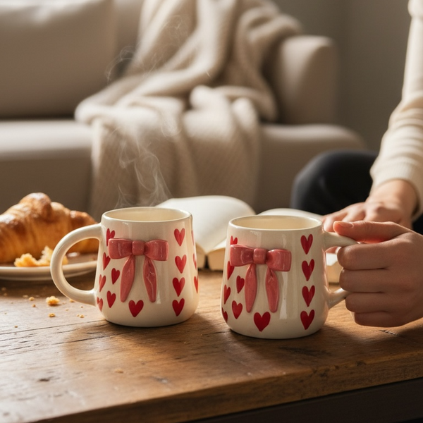 Blush Bow Mug Set of 2 , (Red Hearts)