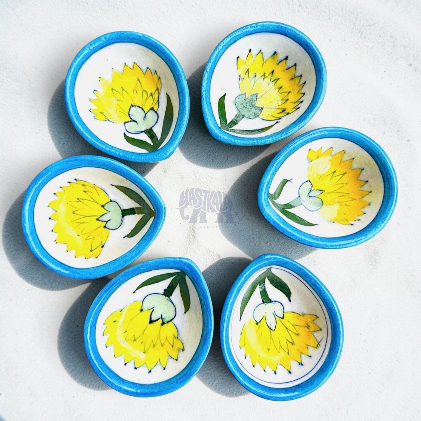 Golden Petals Blue Pottery Diya