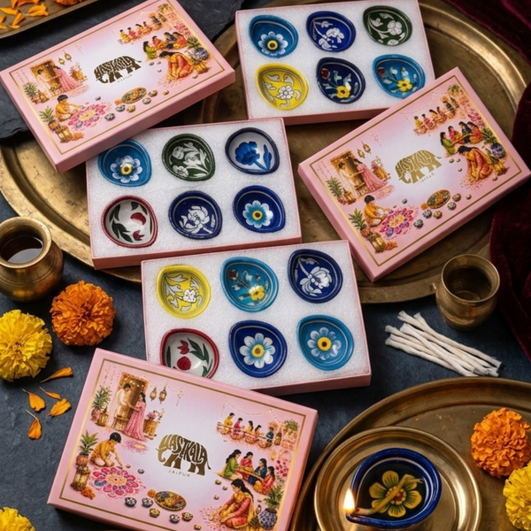 18 Pcs Blue Pottery Diya (3 Assorted Gift Boxes)