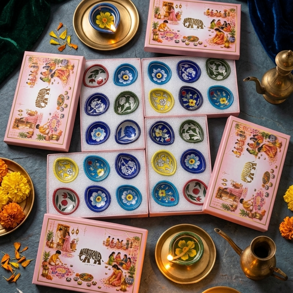 24 Pcs Blue Pottery Diya (4 Assorted Gift Boxes)