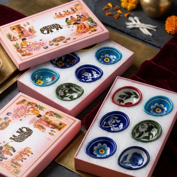 12 Pcs Blue Pottery Diya (2 Assorted Gift Boxes)