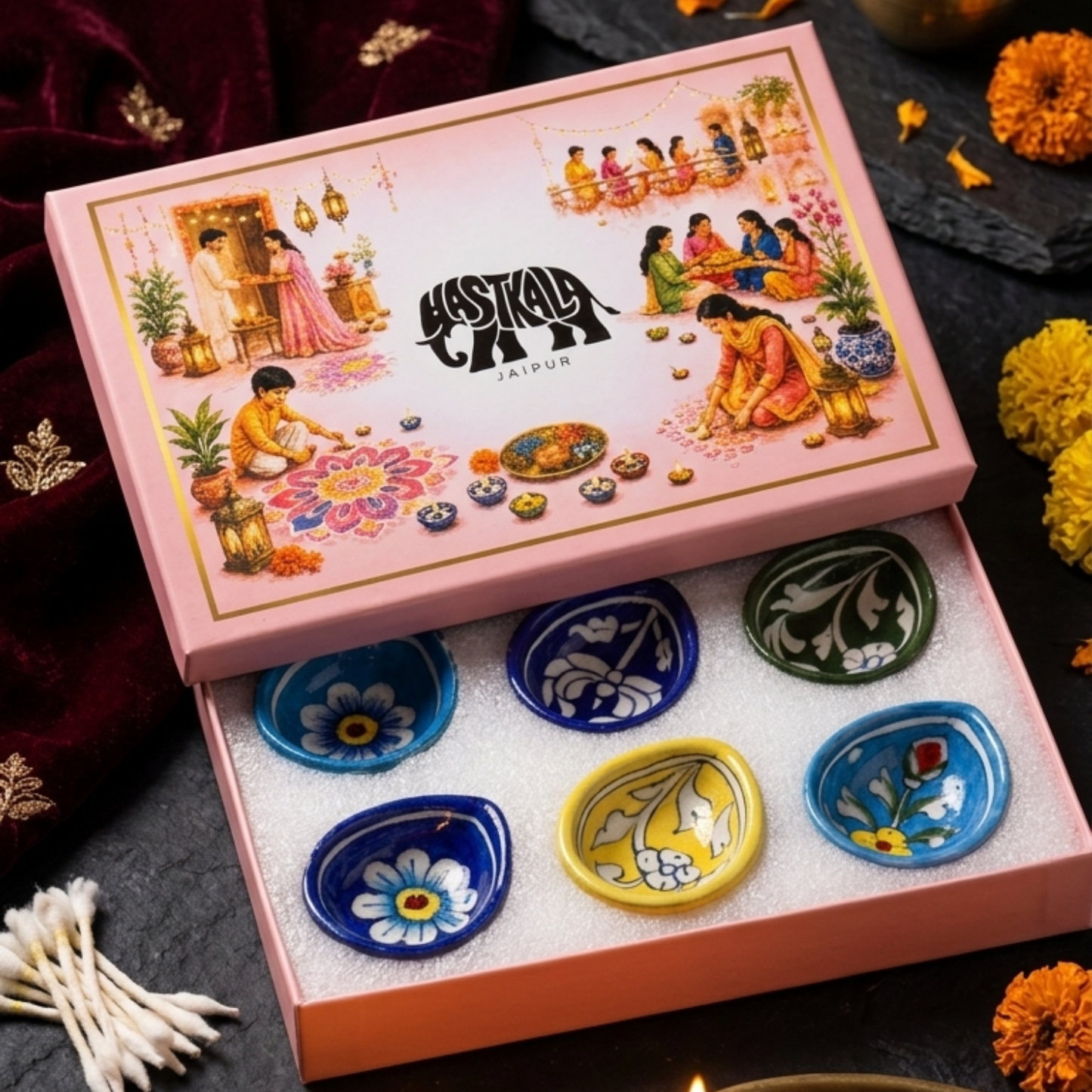 6 Pcs Blue Pottery Diyas (1 Assorted Gift Box)