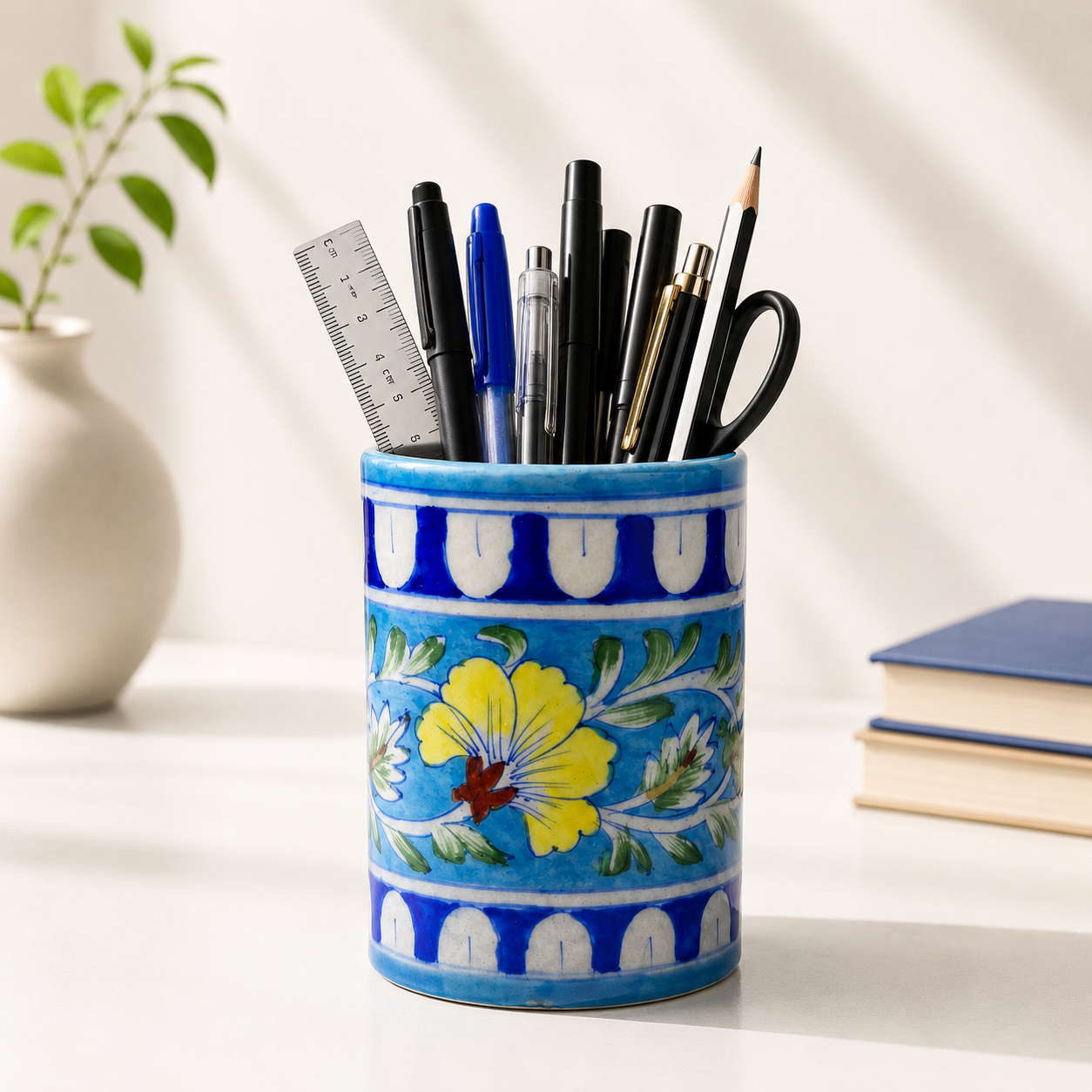4-Inch Blue Pottery Pen Stand