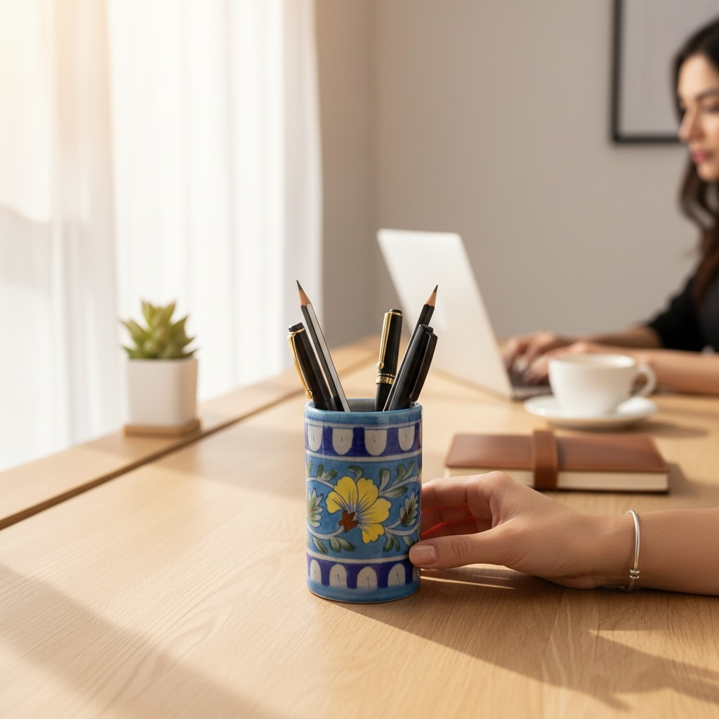 4-Inch Blue Pottery Pen Stand