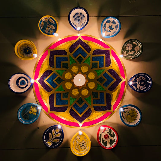 12 Pcs Blue Pottery Diya (Assorted)